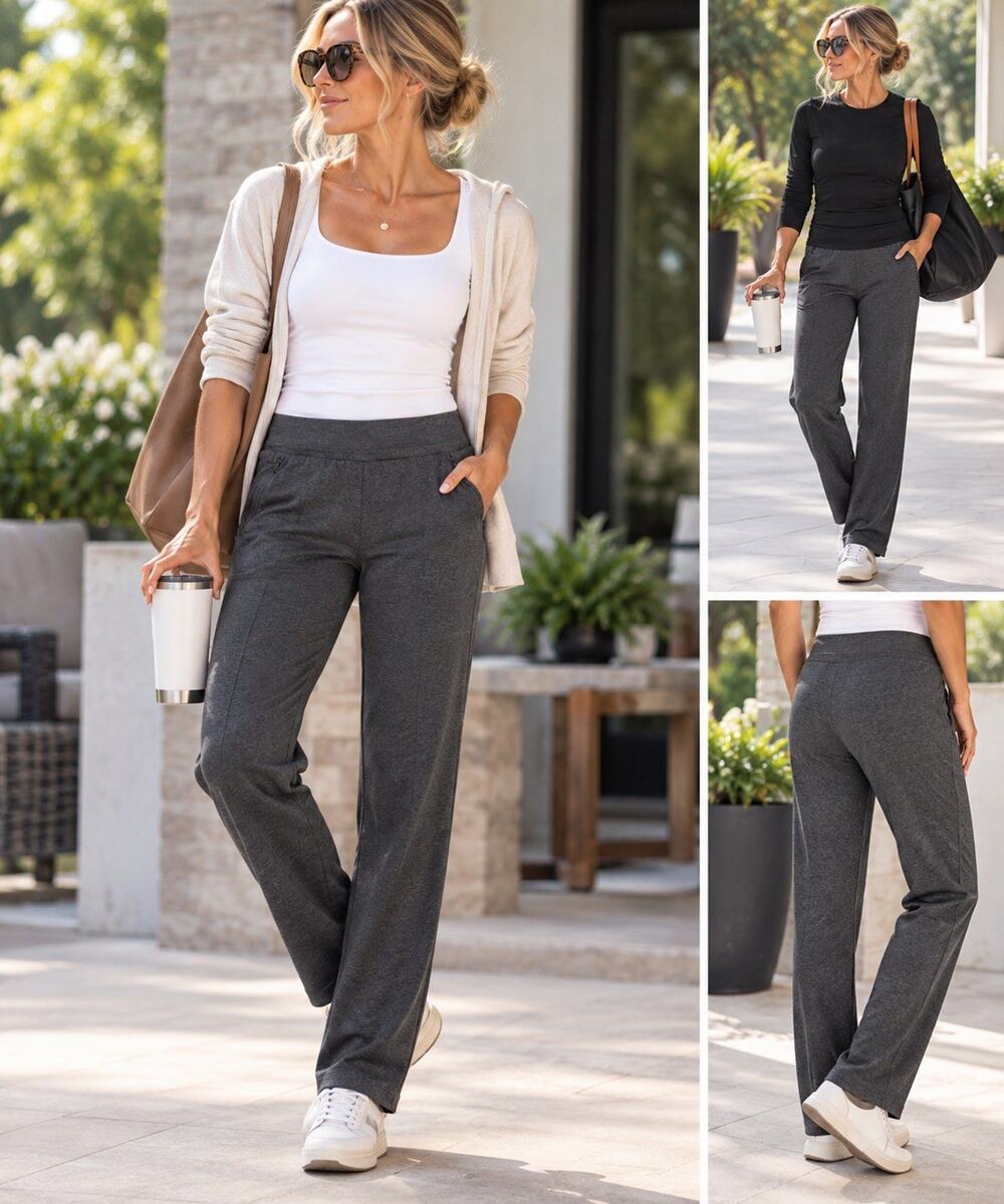 T by Talbots Women M Straight Leg Pants Charcoal Gray Stretch Zip Pockets